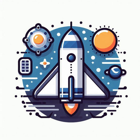 Rocket in space. Flat line art vector illustration for web design.のイラスト素材