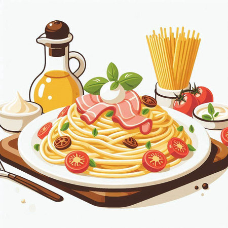 Spaghetti with bacon, tomato and mozzarella. Vector illustration.のイラスト素材
