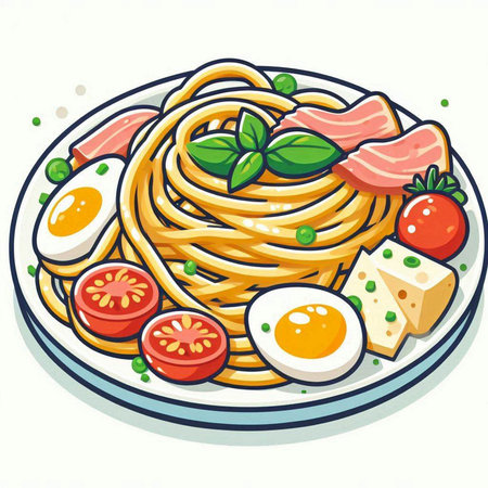Spaghetti with ham, egg, tomato and basil. Vector illustration.のイラスト素材