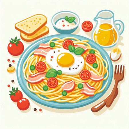 Spaghetti with fried egg and tomatoes on a plate. Vector illustration.のイラスト素材
