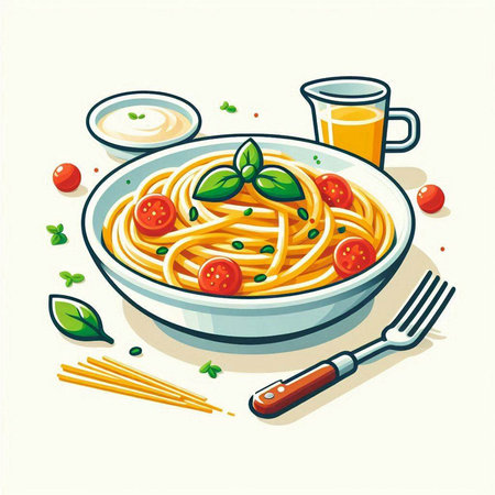 Spaghetti with tomato sauce and basil in bowl. Vector illustration.のイラスト素材