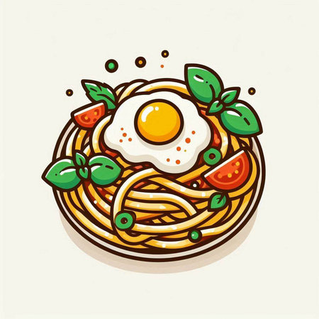 Spaghetti with fried egg, tomato and basil, vector illustration.のイラスト素材