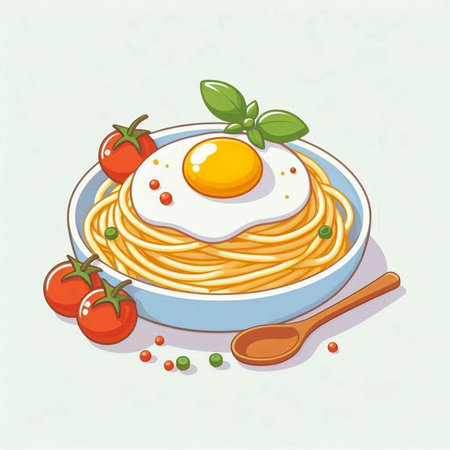 Spaghetti with egg and tomato on white background. Vector illustration.のイラスト素材