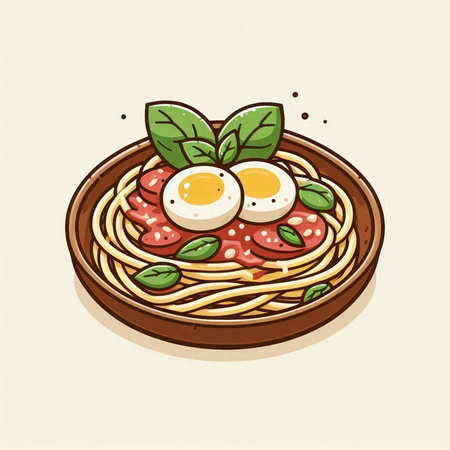 Spaghetti with tomato sauce, egg and basil. Hand drawn vector illustration.のイラスト素材