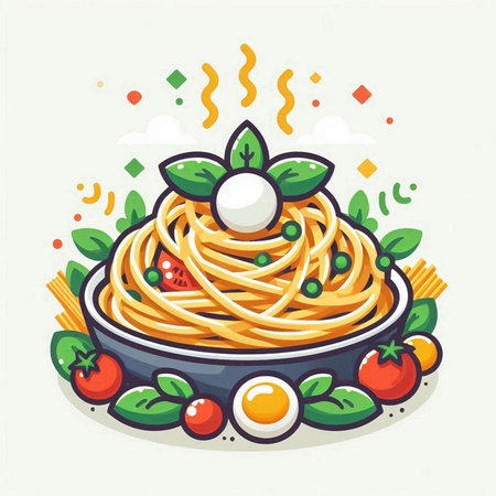 Spaghetti with tomato sauce and mozzarella. Vector illustration.のイラスト素材