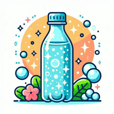 Bottle of water with bubbles and flowers. Vector flat illustration.のイラスト素材