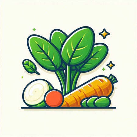 Vegetable vector illustration. Carrot, onion, radish, spinach.のイラスト素材