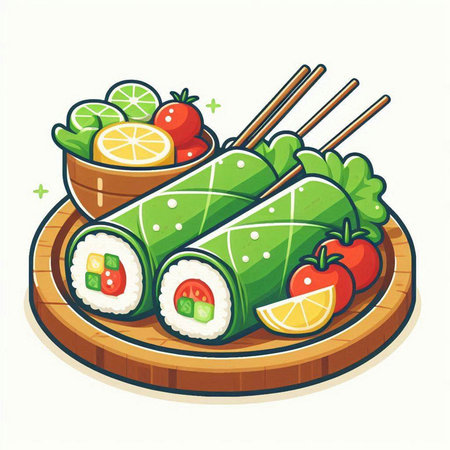 Illustration of sushi roll on wooden plate with chopsticks and vegetablesのイラスト素材