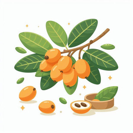 Fresh ripe loquat fruit with leaves and seeds. Vector illustration.のイラスト素材
