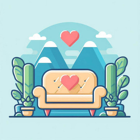 Flat design modern vector illustration concept of cozy living room with sofa, mountains, flowers, plants and hearts.のイラスト素材