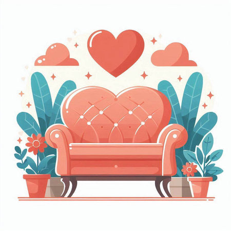 Valentine's day greeting card with retro sofa and flowers. Vector illustrationのイラスト素材