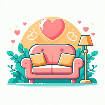 Valentines day card with sofa and heart. Vector illustration.のイラスト素材