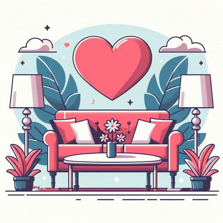Vector illustration of a cozy living room with a sofa, a coffee table and a heart.のイラスト素材