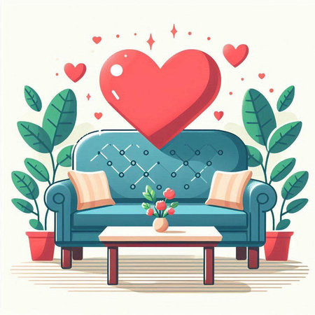 Valentine's day greeting card with cozy sofa and heart. Vector illustrationのイラスト素材