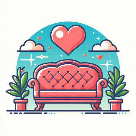 Vector illustration of cozy sofa in flat line style with hearts and plants.のイラスト素材