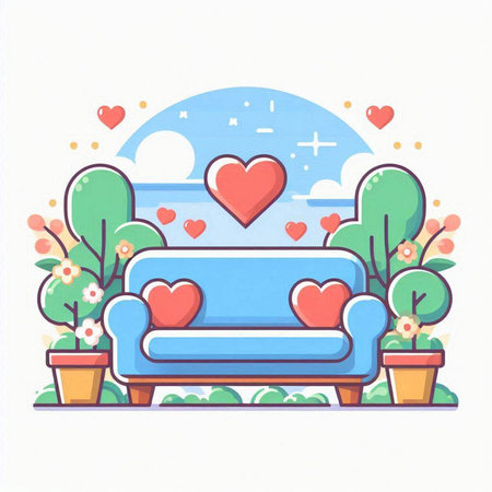 Valentines day greeting card with cozy sofa and hearts. Vector illustration.のイラスト素材