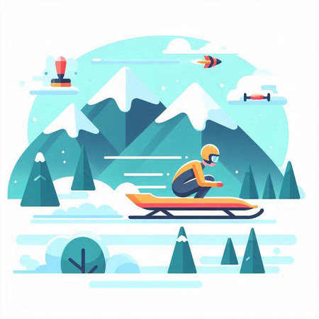 Snowboarder riding a snowmobile in the mountains. Vector illustration.のイラスト素材