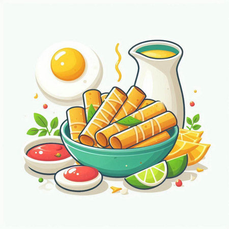 Illustration of fried spring rolls with eggs and ketchup on white backgroundのイラスト素材