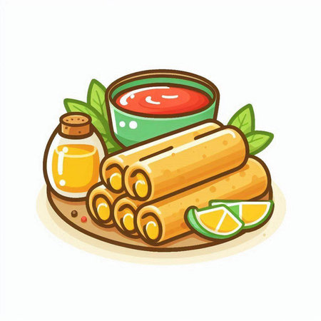 Crispy rolls with lime and chili sauce. Vector illustration.のイラスト素材