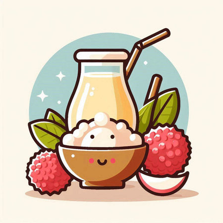 Lychee in a bowl and a jar of milk. Vector illustration.のイラスト素材