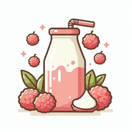 Raspberry smoothie in a glass jar and fresh raspberries. Vector illustration.のイラスト素材