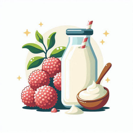 Milk in a glass bottle with a straw and strawberries. Vector illustration.のイラスト素材