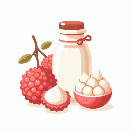 Lychee and milk in a glass bottle. Vector illustration.のイラスト素材