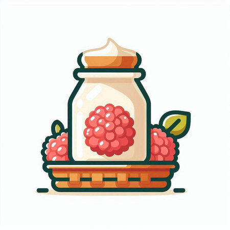 Jar of yogurt with raspberries on a white background. Vector illustration.のイラスト素材