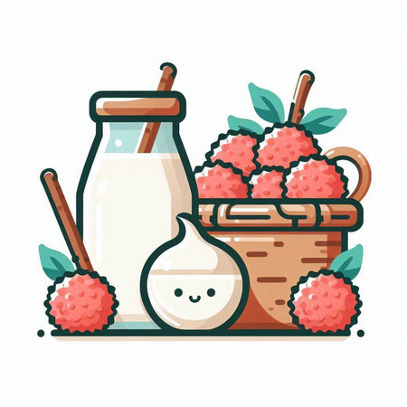 Lychee in a basket with a glass of milk. Vector illustration.のイラスト素材