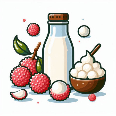 Litchi milk in a glass bottle and fresh fruit. Vector illustration.のイラスト素材
