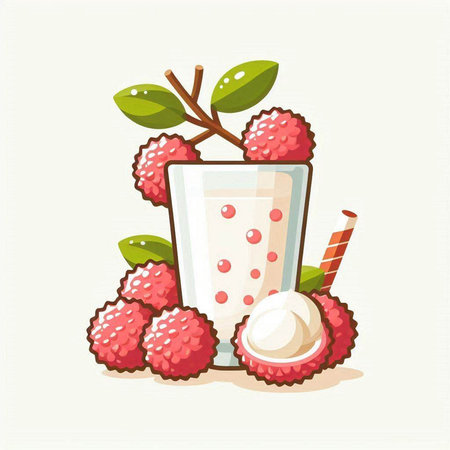 Lychee juice in a glass. Vector illustration in flat style.のイラスト素材
