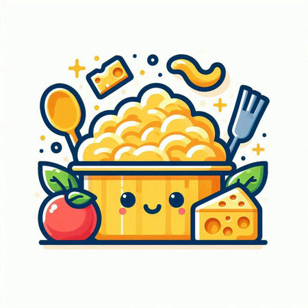 Illustration of a bowl of macaroni with cheese, tomato and spoonのイラスト素材