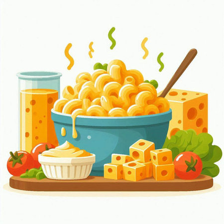 Vector illustration of a bowl of macaroni with cheese and tomato sauceのイラスト素材