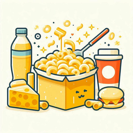 Fast food flat vector illustration. Macaroni, cheese, drink.のイラスト素材
