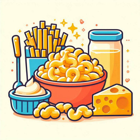 Vector illustration of a bowl of macaroni with french fries, cheese and sour cream in a jar.のイラスト素材