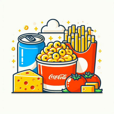Vector illustration of a set of fast food products. French fries, canned food, canned food, cheese.のイラスト素材