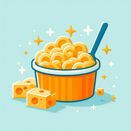 Illustration of a bowl with macaroni and cheese on blue backgroundのイラスト素材