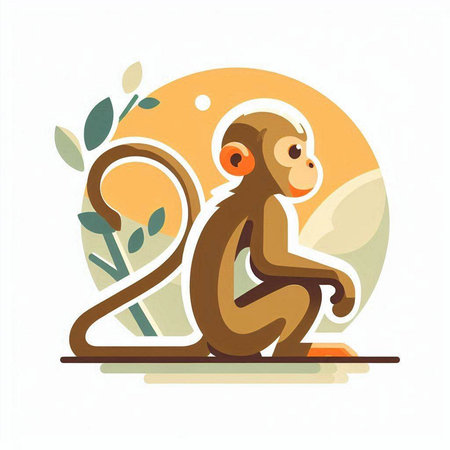 Cute monkey sitting on the tree. Vector illustration in flat style.のイラスト素材