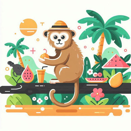 Cute cartoon monkey with tropical fruits on the beach. Vector illustrationのイラスト素材