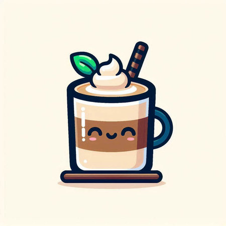 Cute Cartoon Coffee Mascot Character with Whipped Cream, Vector Illustrationのイラスト素材