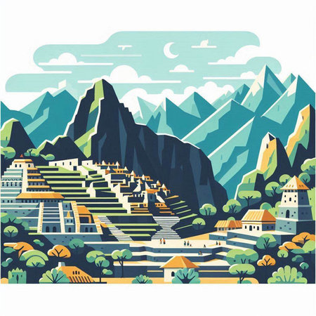 Mountain landscape with houses, trees and mountains. Vector illustration.のイラスト素材