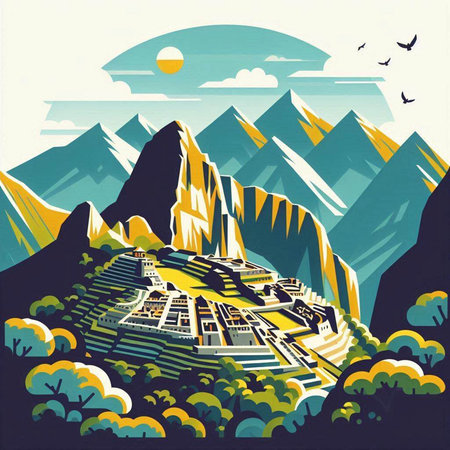 Landscape of mountains in retro style. Vector illustration for your designのイラスト素材