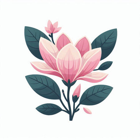 Beautiful pink magnolia flowers with green leaves. Vector illustration.のイラスト素材