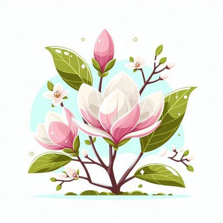 Beautiful magnolia tree with flowers and leaves. Vector illustration.のイラスト素材