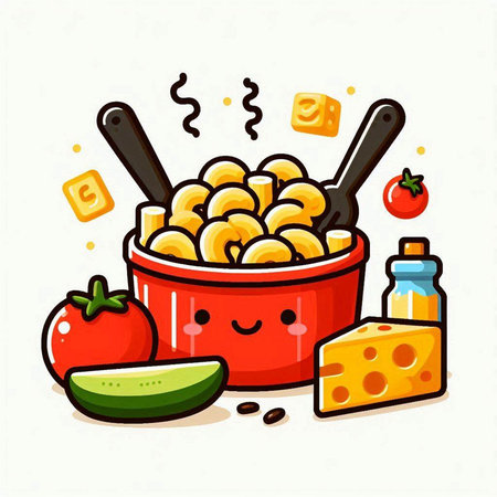 Vector illustration of a bowl of macaroni with cheese, tomato and cucumber.のイラスト素材