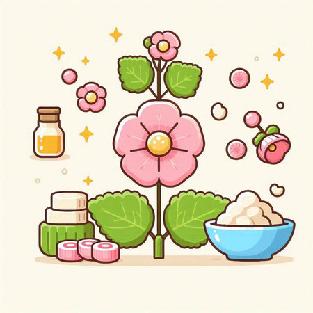 Illustration of a flower in a bowl with some cosmetic products.のイラスト素材