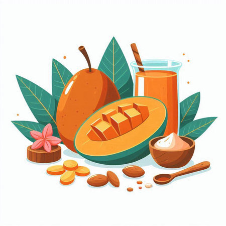 Vector cartoon illustration of mango juice in a glass, whole and chopped mango fruits, leaves and seeds.のイラスト素材