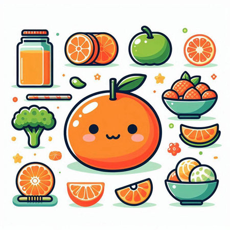 Cute orange fruit and smoothie. Vector illustration in flat styleのイラスト素材
