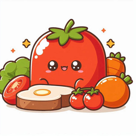 Cute kawaii tomato character with fried egg and vegetables.のイラスト素材