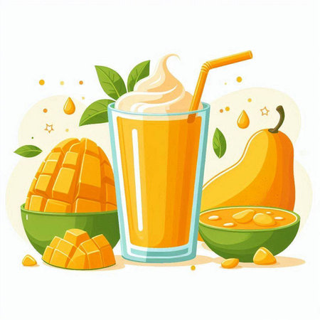 Mango smoothie in a glass and ingredients. Vector illustration.のイラスト素材